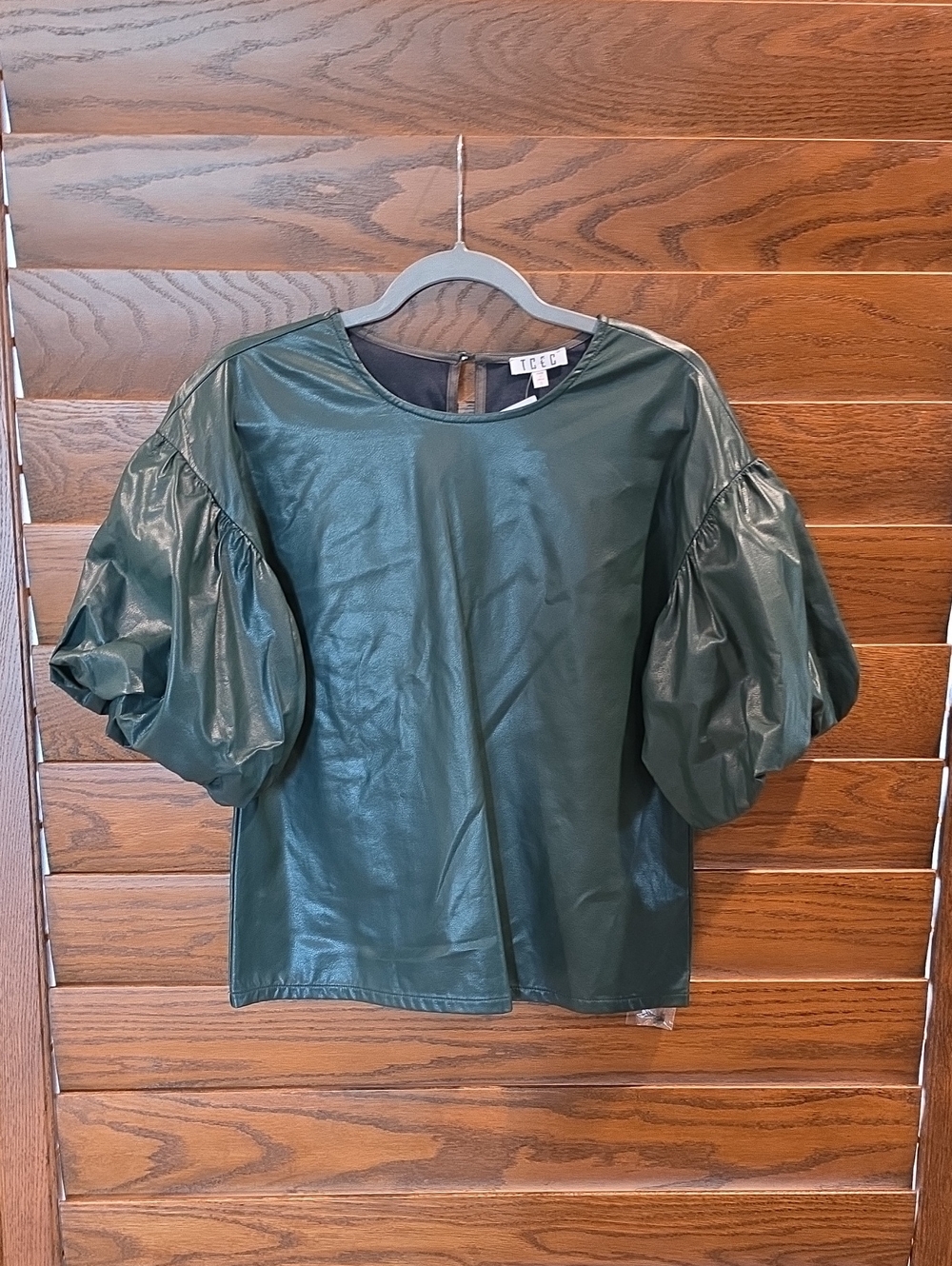 TCEC Dark Green Puff-Sleeve Faux Leather Top